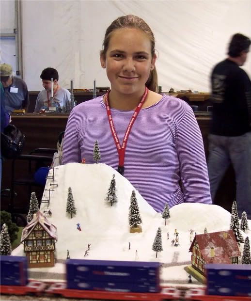Allie with her Coastal Valley Lines modular layout Allie with her Coastal Valley Lines modular layout