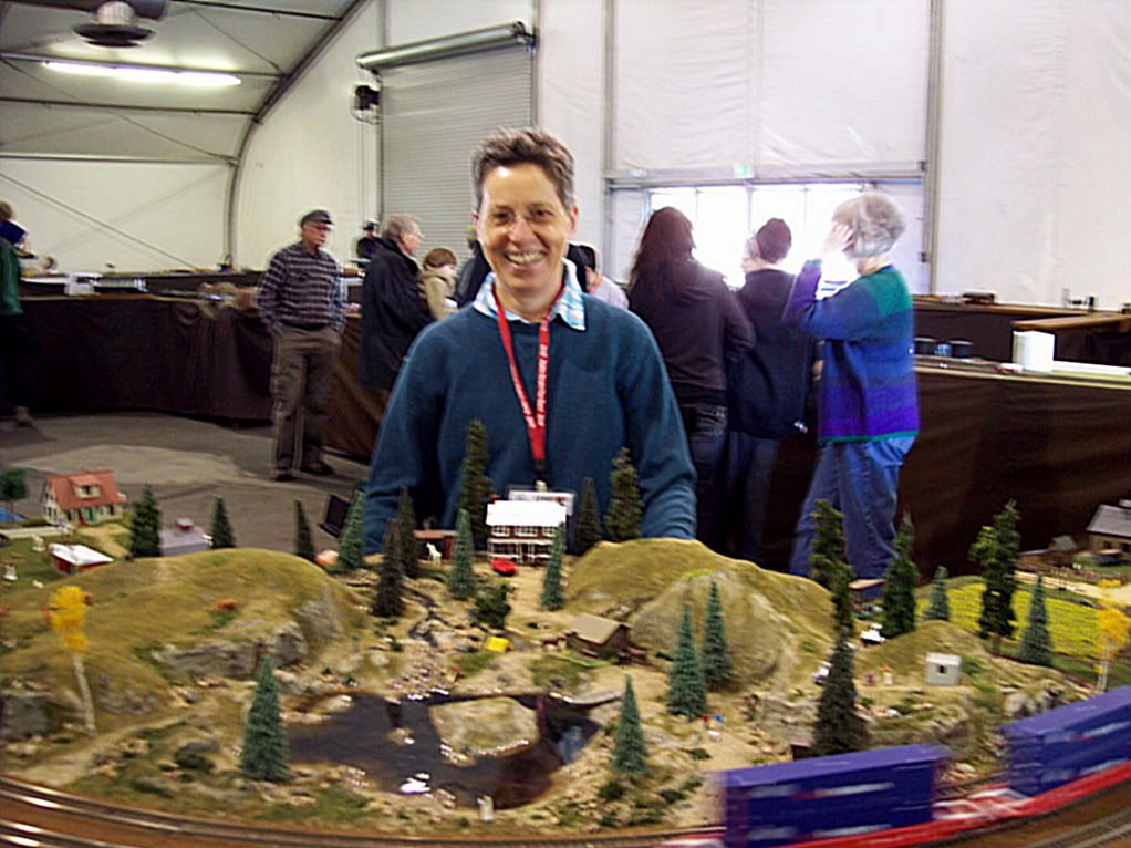 Joan Fleck with one of her Coastal Valley Lines modular layouts Joan Fleck with one of her Coastal Valley Lines modular layouts