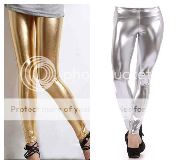 Metallic Gold Silver Womens Shiny Liquid WET LOOK Leggings Tights Full