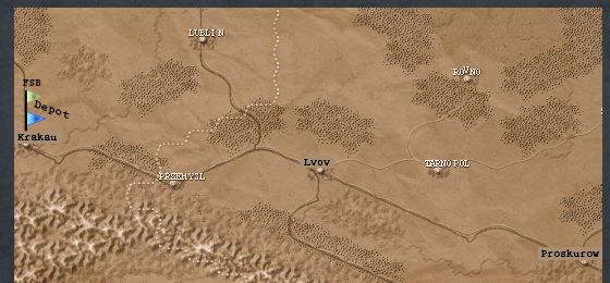Kleist's 1st PG HQ has advanced so far eastwards that it's not even on the map (there's a second map covering the eastern half of the theatre). Note that our FSB is still residing back at the Main Depot.